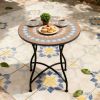 Round 24-Blue Beige Mosaic Tile Pattern Bistro Table with Black Metal Legs